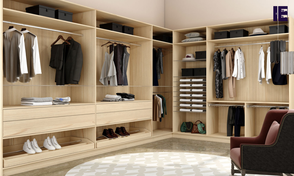Design ideas for a large modern storage and wardrobe in London with open cabinets, light wood cabinets, marble floors and white floor.