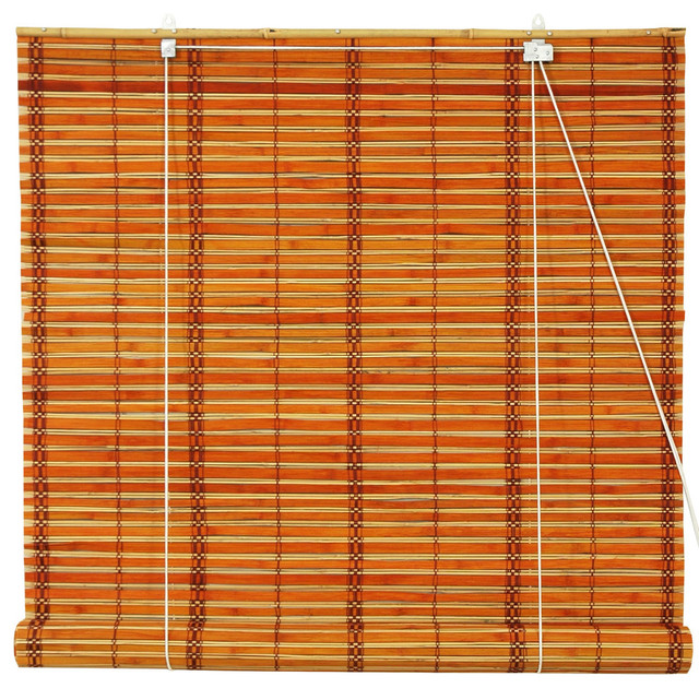 Burnt Bamboo Roll Up Blinds, Twotone Honey Tropical Roller Shades