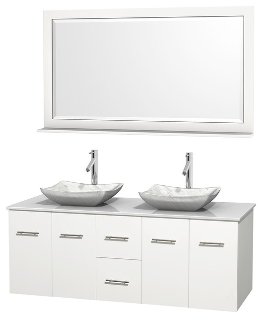 Centra 60" White Double Vanity, White Man-Made Stone Top, Carrera Marble Sinks