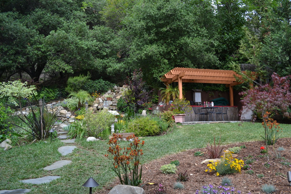 Inspiration for a mid-sized country backyard shaded garden in Los Angeles with a water feature and gravel.