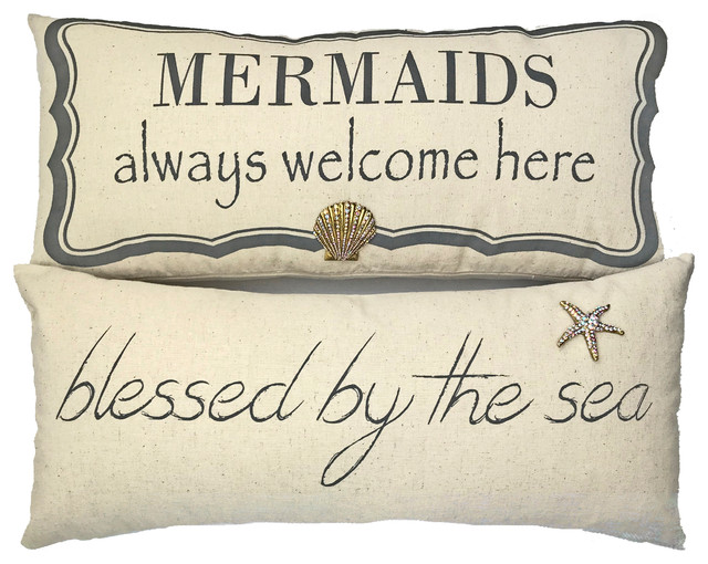 Mermaid Message Linen Pillow With Gold Beach Pins Beach Style
