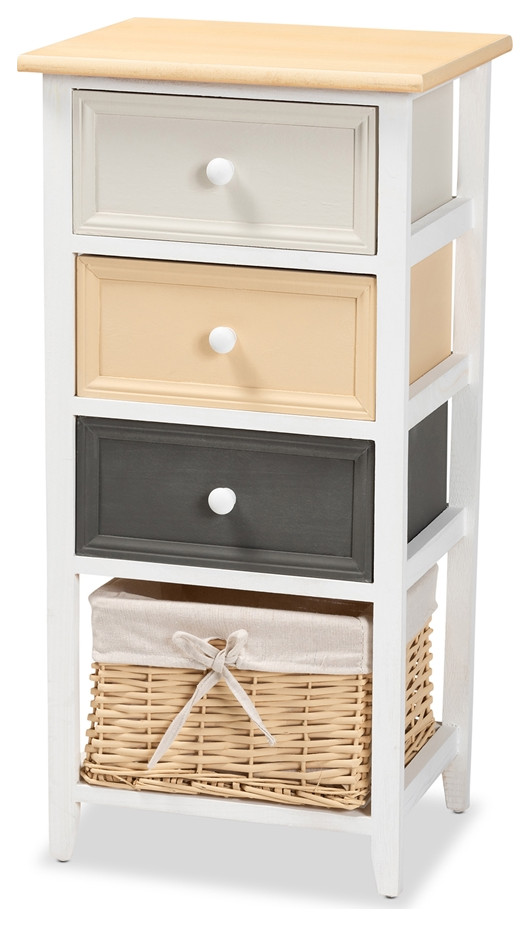 MidCentury Modern Multicolored Wood 3Drawer Storage Unit, Basket