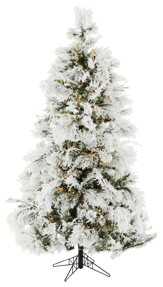 10' Snowy Pine Flocked Christmas Tree With White LED Lighting and EZ