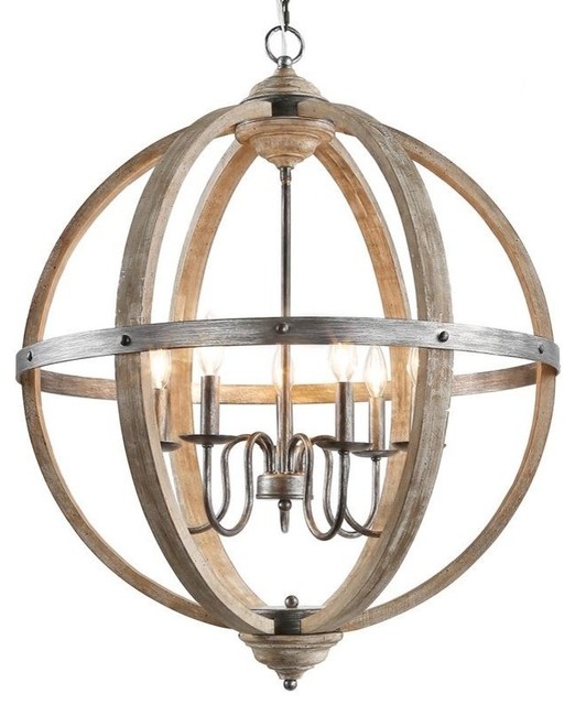 6 Light Orb Wooden Chandlier Iron Wired, Iron And Wood Orb Chandelier