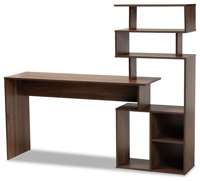 Modern Desk, Rectangular Top & Integrated Bookcase With Multiple
