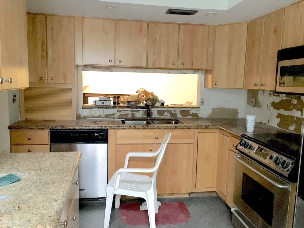 How to lay backsplash around kitchen pass through?