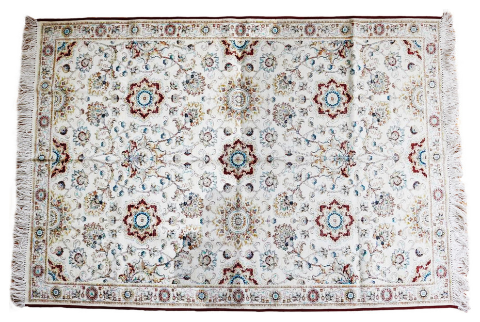 Handwoven Cotton Dhurrie Rug with Fringes and Floral Prints, Multicolor