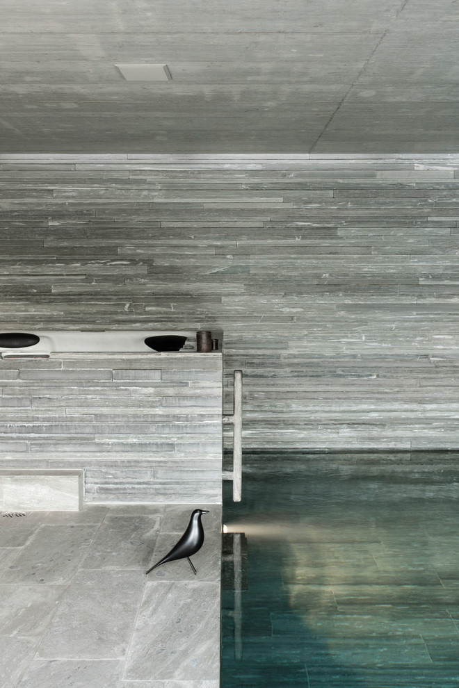 Mittelgroßer Moderner Pool in rechteckiger Form mit Natursteinplatten in Sonstige