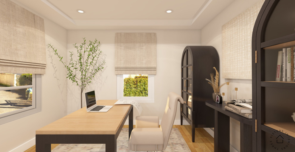 Aménagement d'un bureau contemporain de taille moyenne avec un mur beige, parquet clair, aucune cheminée, un bureau indépendant, un sol multicolore et un plafond à caissons.
