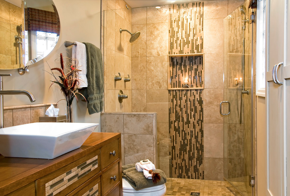 This is an example of a traditional bathroom in San Diego with a vessel sink.