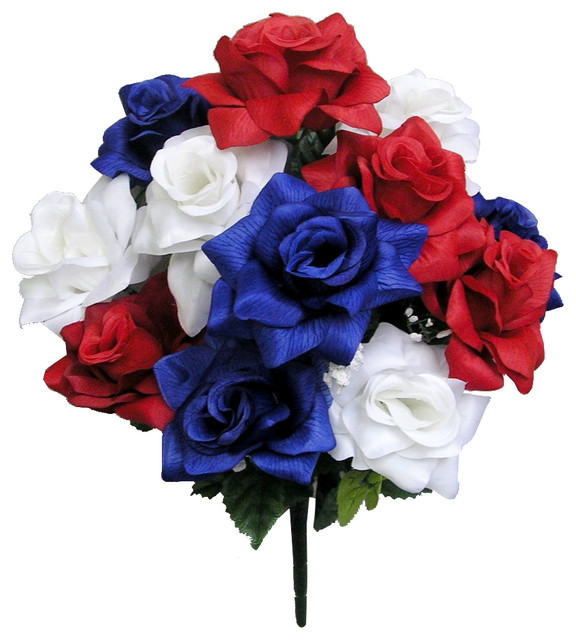 Admired By Nature 12-Stem Artificial Blooming Satin Roses, Red, White, Blue