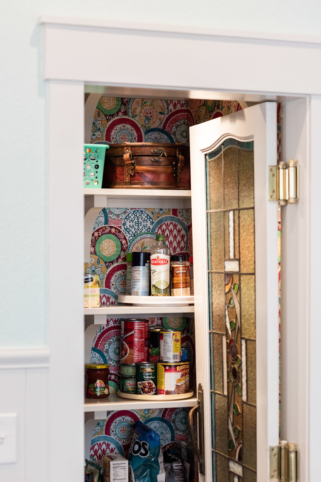 Large eclectic u-shaped kitchen pantry in San Luis Obispo with shaker cabinets, white cabinets, porcelain floors, multiple islands and multi-coloured floor.