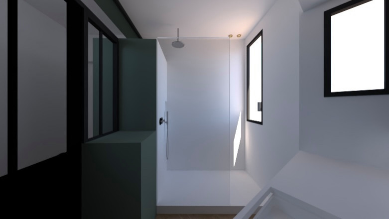 VUE 3D sur la douche à l'italienne dans la salle d’eau compacte