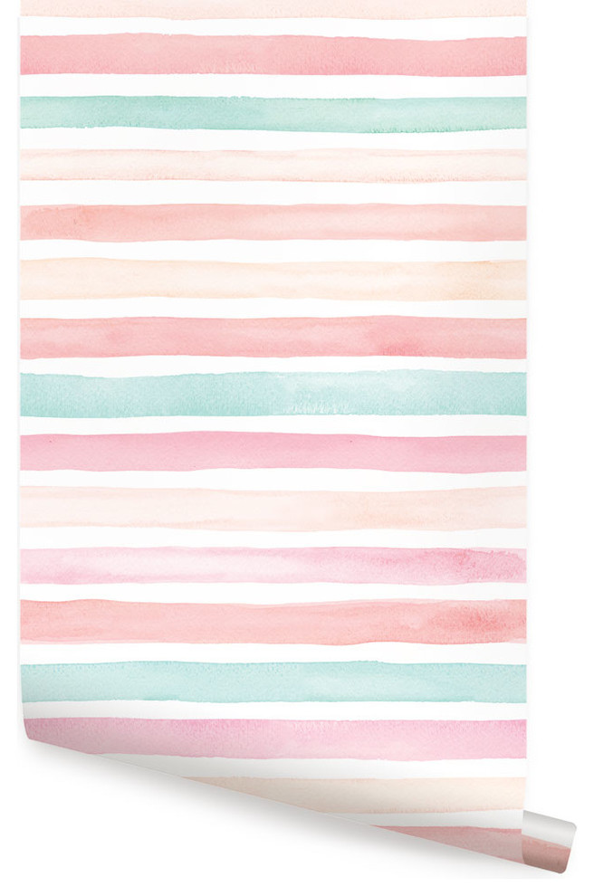 Watercolor Stripes Peel and Stick Vinyl Wallpaper, Coral Mint, 24"w X 108"h