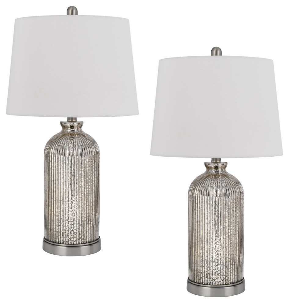 26" Accent Table Lamp Set of 2, Lined Glass Jar Base, Metallic Silver