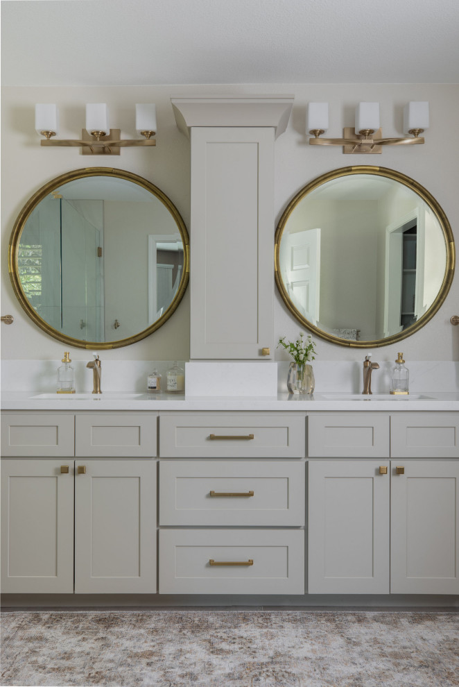 Inspiration for a mid-sized transitional master bathroom in Sacramento with shaker cabinets, grey cabinets, a curbless shower, beige tile, porcelain tile, beige walls, vinyl floors, an undermount sink, an open shower, white benchtops, a niche, a double vanity and a built-in vanity.
