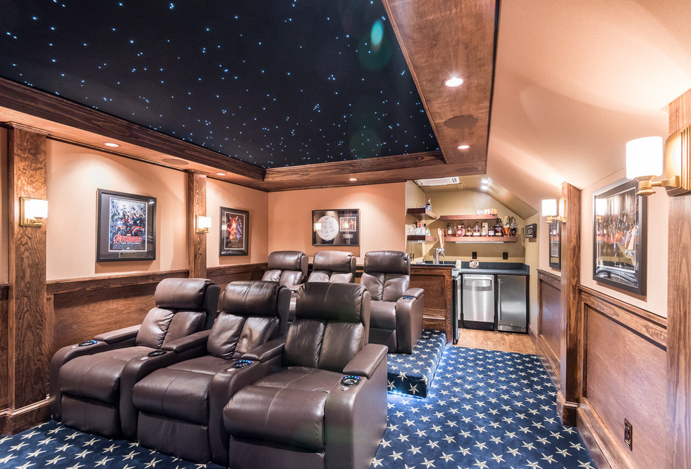 Inspiration for an enclosed home theatre in Richmond with brown walls, carpet, a wall-mounted tv and blue floor.