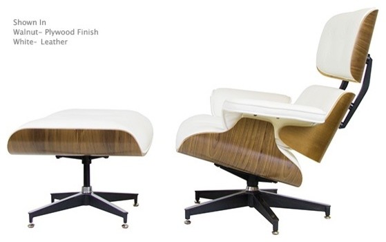 Eames Style Lounge Chair w/ Ottoman (Aniline Leather White with Walnut)