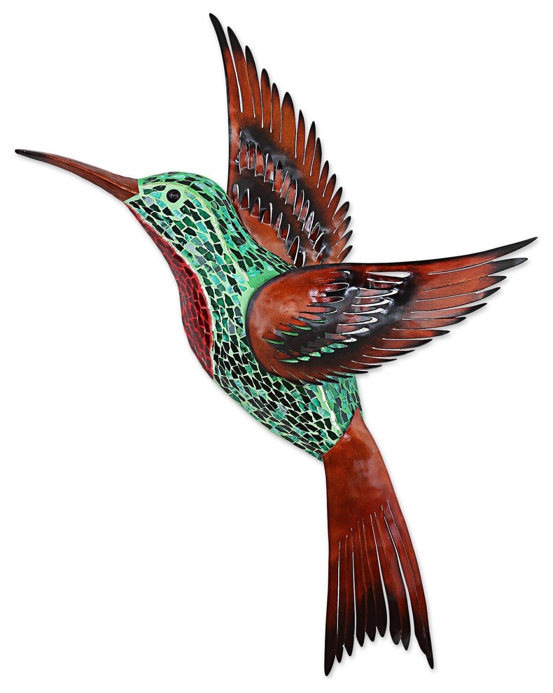 Green Hummingbird Glass Mosaic and Steel Wall Sculpture, Left-Facing