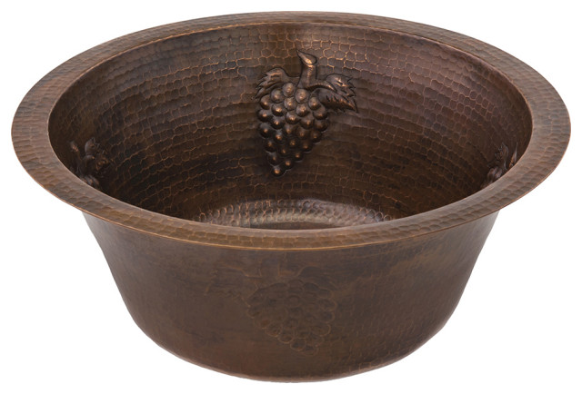 16" Round Copper Bar Sink With  Grapes and 2" Drain Size, 2"