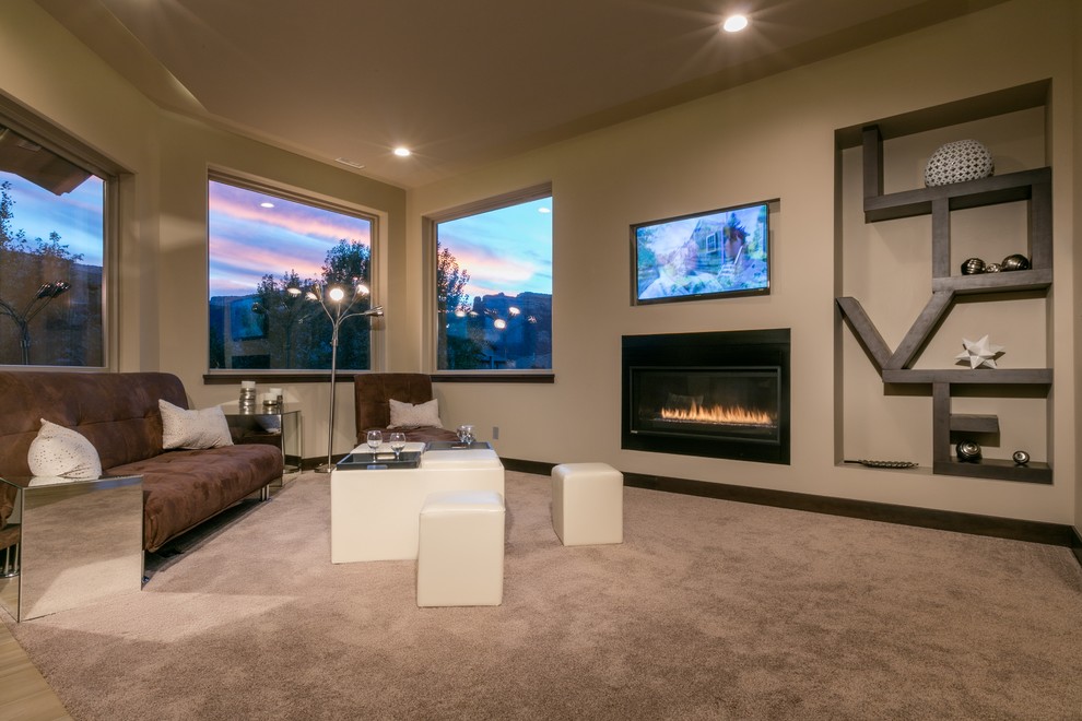 Design ideas for a mid-sized transitional open concept living room in Denver with beige walls, porcelain floors, a standard fireplace, a metal fireplace surround and a wall-mounted tv.