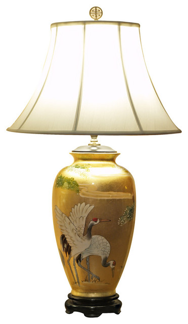 Gold Leaf Longevity Cranes Motif Ceramic Lamp