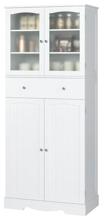 Tall Pantry Cabinet, Frosted Glass Doors & 7 Storage Compartments, White Finish