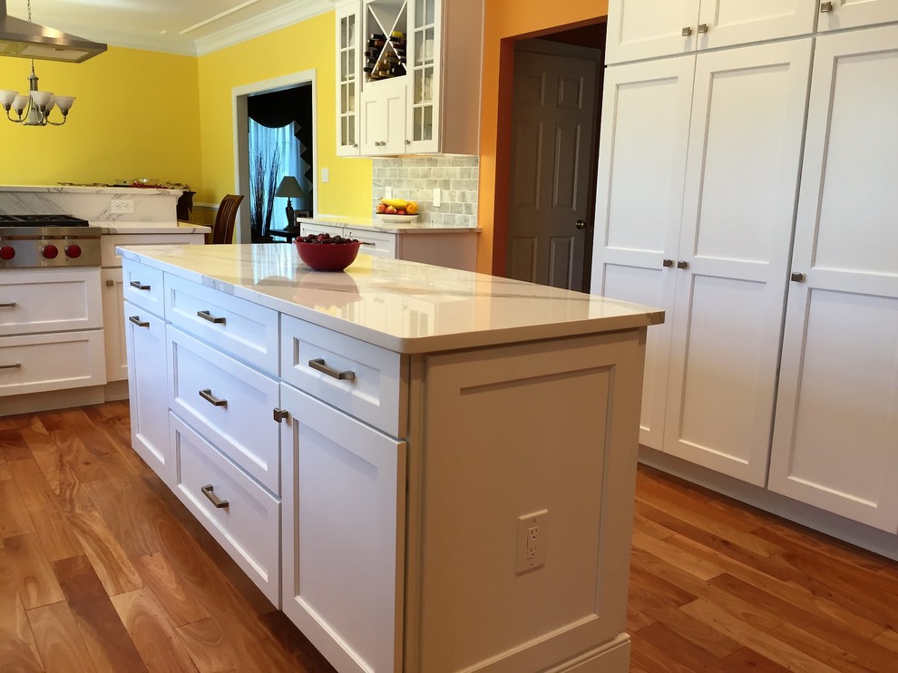 Design ideas for a large transitional l-shaped eat-in kitchen in Baltimore with a farmhouse sink, shaker cabinets, white cabinets, quartz benchtops, multi-coloured splashback, marble splashback, stainless steel appliances, medium hardwood floors, with island, red floor and white benchtop.