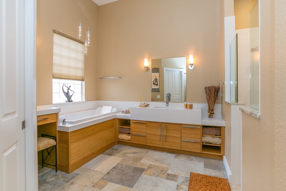 Inspiration for a mid-sized asian master bathroom in Tampa with flat-panel cabinets, medium wood cabinets, a japanese tub, an open shower, white tile, subway tile, beige walls, slate floors, an undermount sink, engineered quartz benchtops and an open shower.