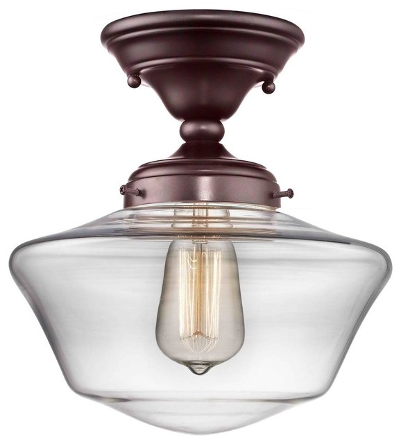 Schoolhouse Ceiling Light, Clear Glass, 10"", Bronze Traditional
