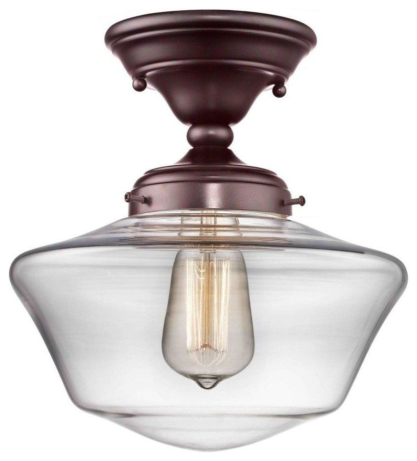 Schoolhouse Ceiling Light, Clear Glass, 10"", Bronze Traditional
