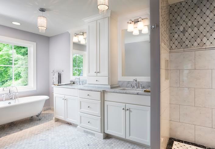 Mid-sized modern master bathroom in Minneapolis with an undermount sink, shaker cabinets, white cabinets, marble benchtops, a claw-foot tub, an open shower, gray tile, mosaic tile, grey walls and mosaic tile floors.