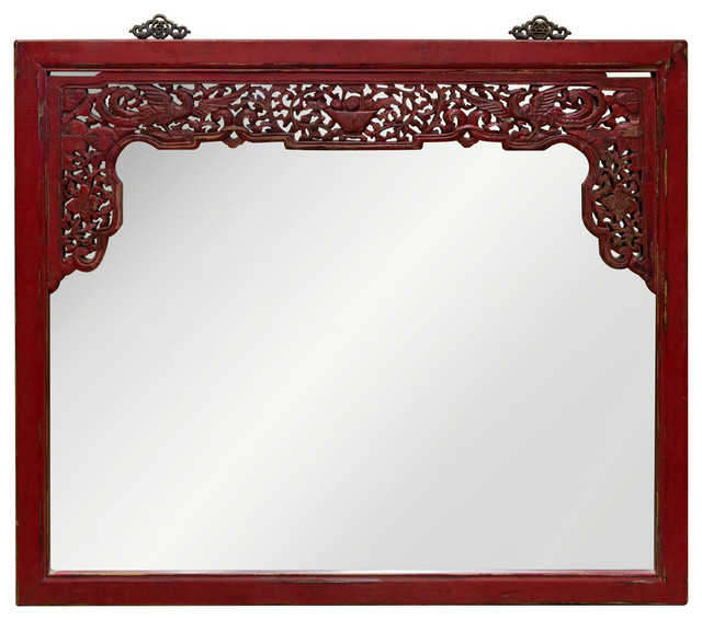 Chinese Style Elm Wood Frame Window Panel Mirror