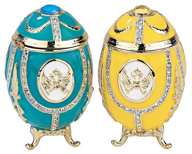 "Russian Imperial Eagle" Faberge-Style Enameled Eggs Collection: Set of Two
