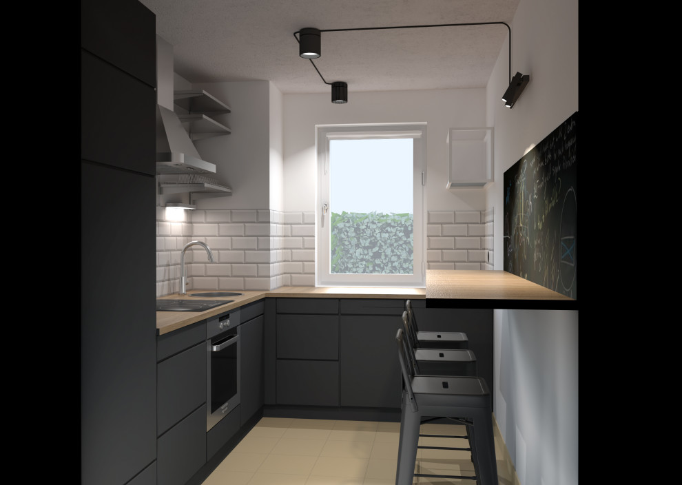Foto di una piccola cucina a L industriale chiusa con pavimento con piastrelle in ceramica e pavimento marrone