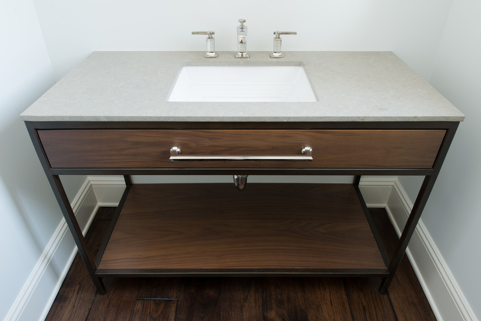 Small mountain style dark wood floor bathroom photo in Chicago with an undermount sink, flat-panel cabinets, medium tone wood cabinets, quartz countertops and white walls