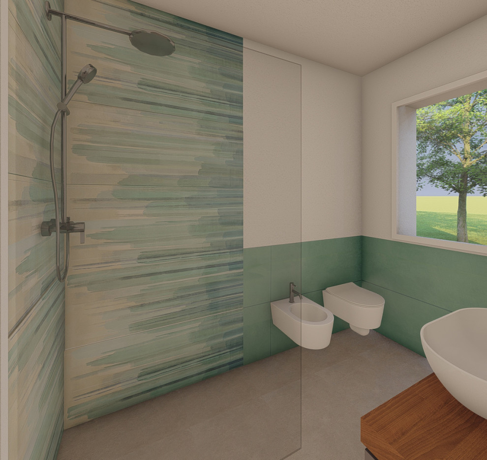 This is an example of a medium sized contemporary cloakroom in Other with a wall mounted toilet, green tiles, porcelain tiles, beige walls, porcelain flooring, a vessel sink, wooden worktops, beige floors and a floating vanity unit.