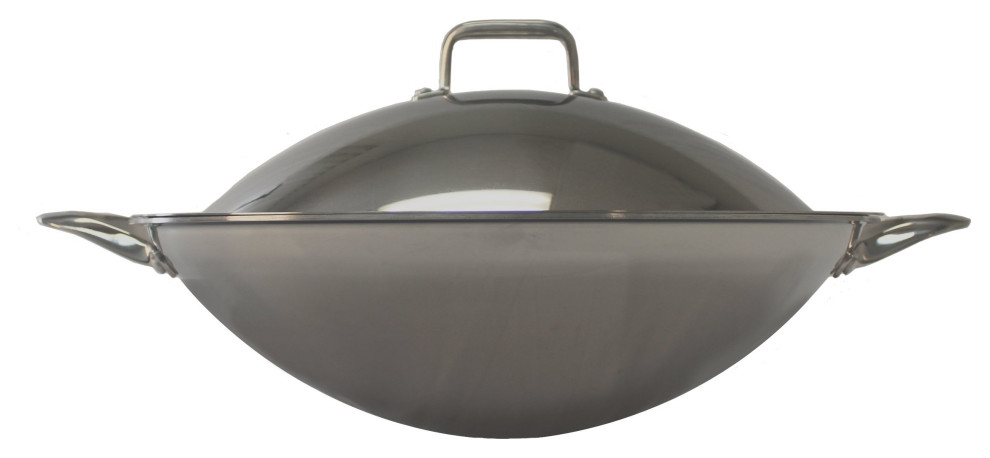 16.5" Stainless Steel Wok With Lid, 2 Ears, Induction Ready