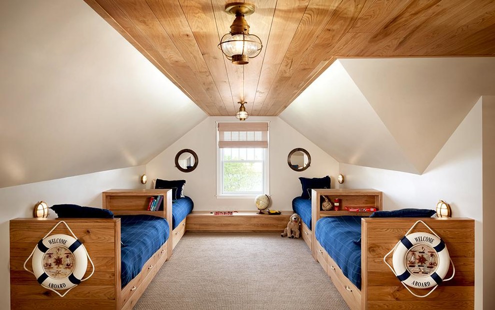 Inspiration for a mid-sized beach style kids' bedroom for kids 4-10 years old and boys in Portland Maine with carpet.