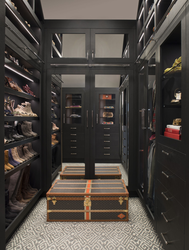 Photo of a small transitional women's walk-in wardrobe in Oklahoma City with glass-front cabinets, black cabinets, carpet, grey floor and vaulted.