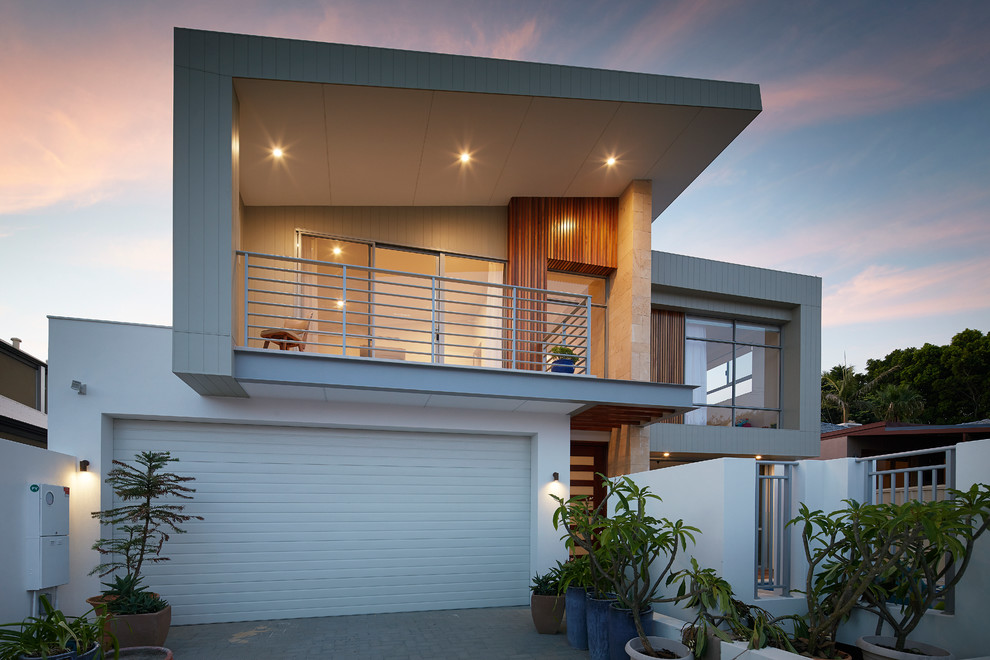 Inspiration for a large contemporary two-storey grey exterior in Perth with concrete fiberboard siding.