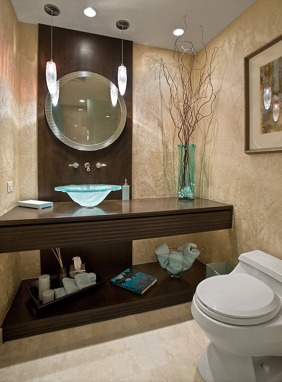 This is an example of a mid-sized modern 3/4 bathroom in Chicago with a one-piece toilet, beige walls, a vessel sink, wood benchtops, open cabinets, dark wood cabinets, an alcove shower, beige tile, travertine, travertine floors, beige floor and a hinged shower door.