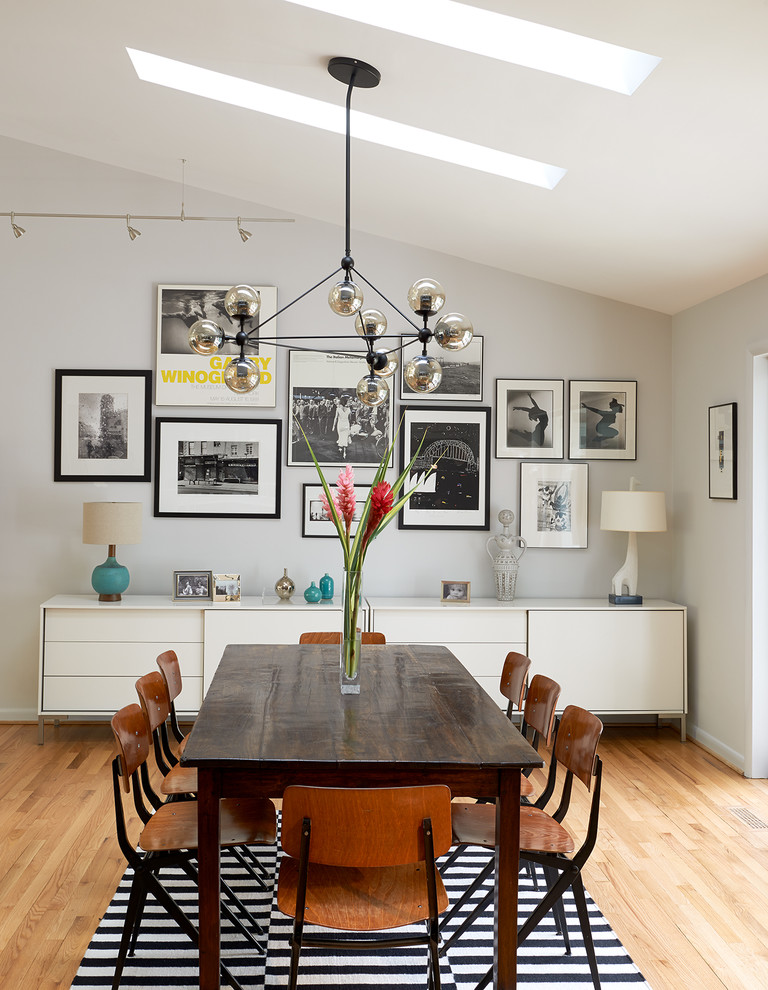 Design ideas for a midcentury dining room in Los Angeles with grey walls and light hardwood floors.
