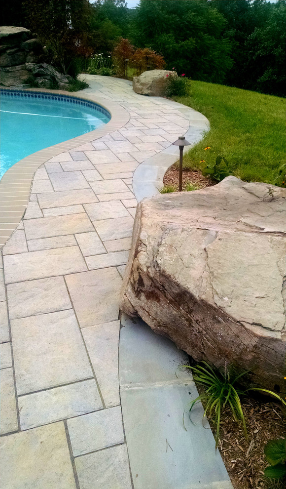 Large transitional backyard custom-shaped natural pool in DC Metro with concrete pavers.