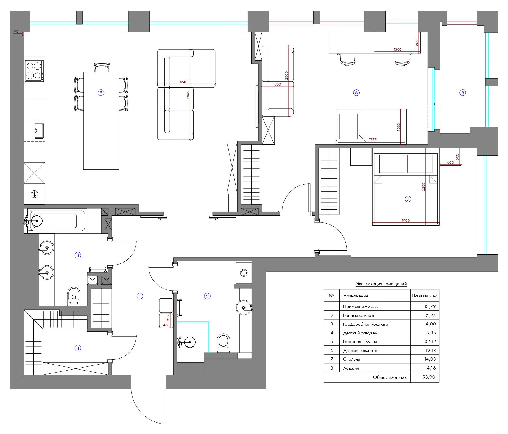 Планировка квартиры 100 кв м с 2 спальнями и кухней-гостиной | Houzz Россия