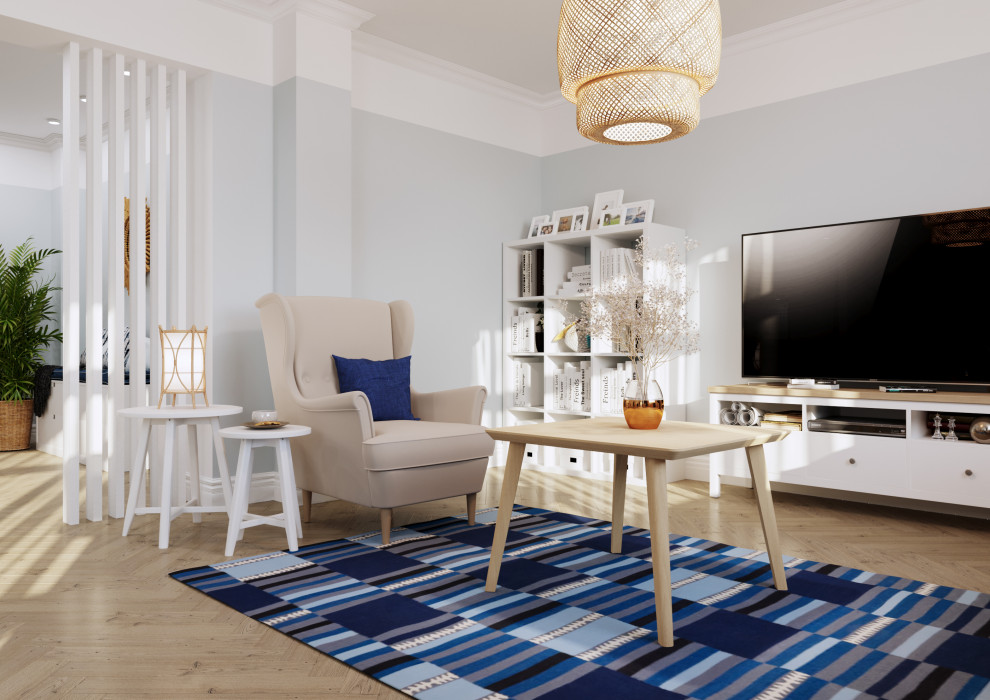 Foto di un piccolo soggiorno scandinavo aperto con pareti blu, parquet chiaro e pavimento beige