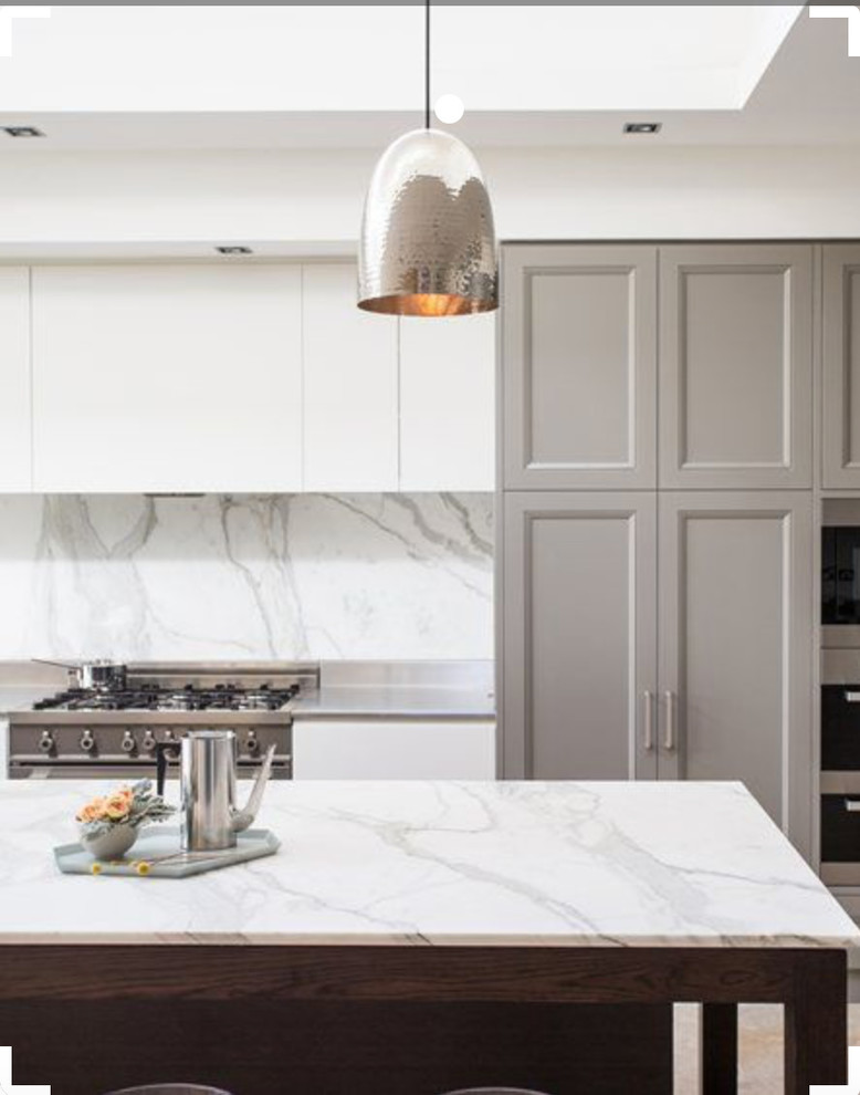 Inspiration for a small modern u-shaped separate kitchen in Austin with a drop-in sink, flat-panel cabinets, white cabinets, zinc benchtops, white splashback, stone tile splashback, panelled appliances, porcelain floors, with island, white floor and white benchtop.
