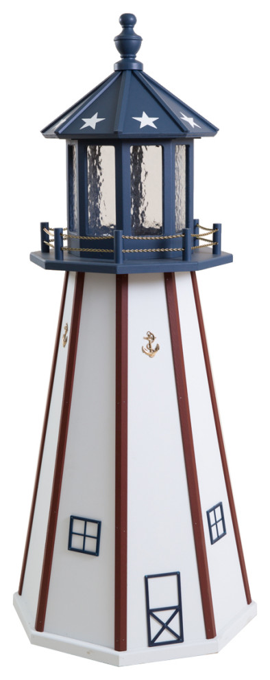 Outdoor Wooden Lighthouse Lawn Ornament, Patriotic, 4 Foot, Solar Light