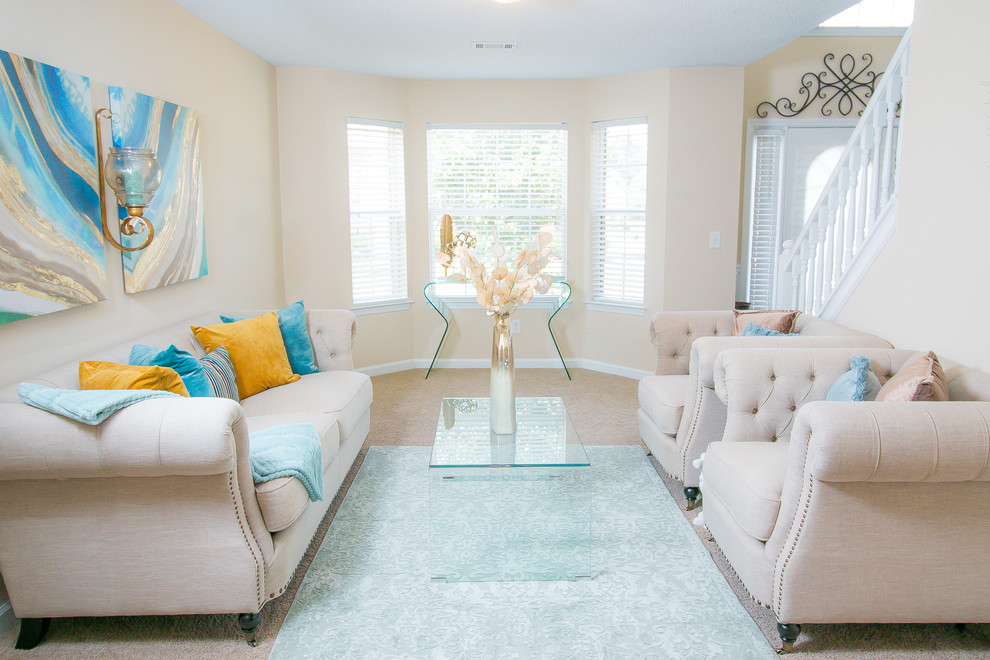 Large elegant formal and open concept carpeted and beige floor living room photo in Atlanta with beige walls and no fireplace