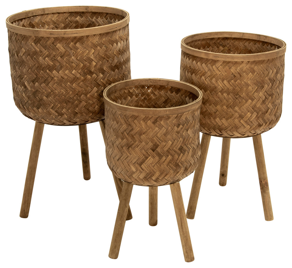 Benzara BM229452 Round Bamboo Planters with Angled Tripod Legs, Set of